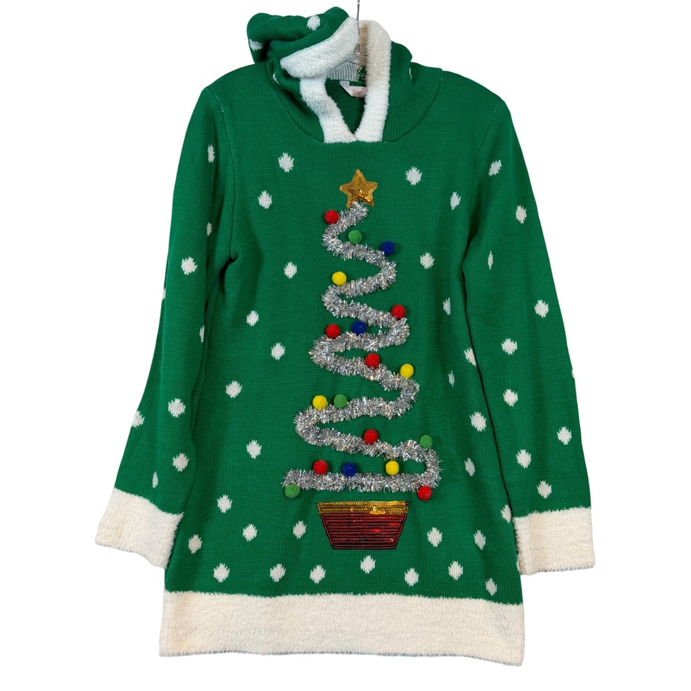 Green Christmas Tree Hooded Sweater Dress •L• Ugly Christmas Kitschy Festive
